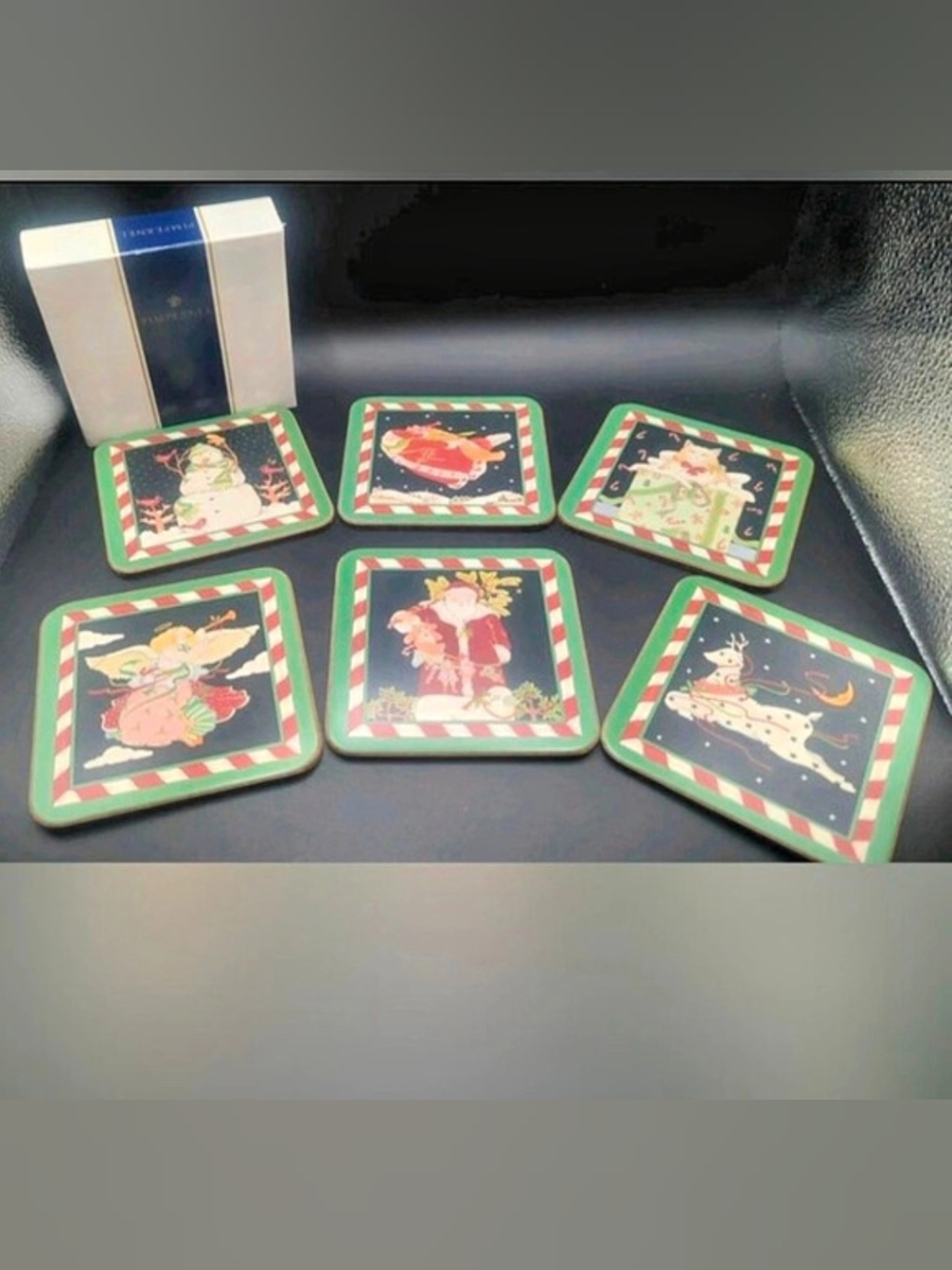 Pimpernel Vintage England Set of 6 Christmas Deluxe Coasters Cork Back 4" in Box